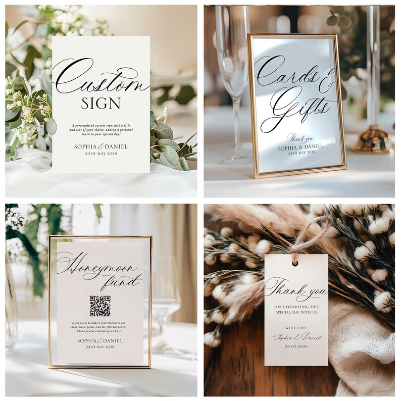 Peut inclure: Ensemble de panneaux et d'&eacute;tiquettes de mariage avec une calligraphie &eacute;l&eacute;gante. Les panneaux indiquent "Custom Sign", "Cards & Gifts" et "Honeymoon Fund". Les &eacute;tiquettes disent "Thank you". Tous portent les noms de Sophia & Daniel et la date du mariage.