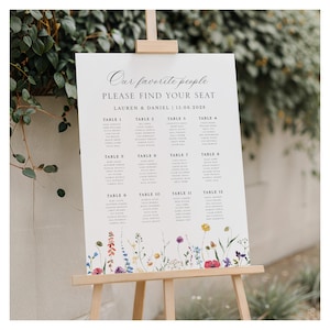 Peut inclure: Un plan de table de mariage blanc sur un chevalet. Le panneau indique "Our favorite people, PLEASE FIND YOUR SEAT" avec les noms de Lauren & Daniel et la date du 15.06.2028. Le bas du panneau présente un motif floral avec des fleurs sauvages colorées.