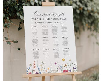 May include: A white wedding seating chart on an easel. The sign reads "Our favorite people, PLEASE FIND YOUR SEAT" with the names Lauren & Daniel and the date 15.06.2028. The bottom of the sign has a floral design with colorful wildflowers.