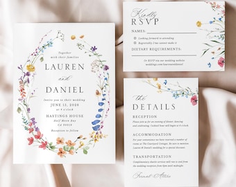 Wildflower Wedding Invitation Template | Editable Boho Floral Invite Set | RSVP with QR Code | Instant Download Printable Wedding Suite