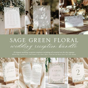 May include: Sage green floral wedding reception bundle. Includes welcome signs, seating charts, table numbers, place cards, menus, thank you cards, bar menus, favor tags, and table signage. All items feature a floral design.
