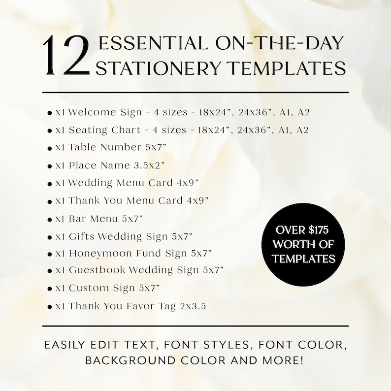 Kit minimaliste pour réception de mariage, ensemble de papeterie élégante à imprimer, modèles modifiables, grand ensemble de panneaux de mariage image 6