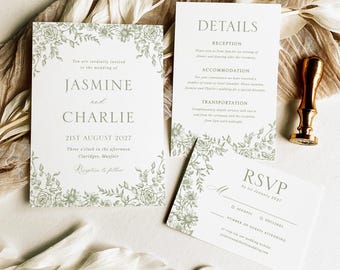 Sage Green Wedding Invitation Suite, Vintage Floral Invite Set, Elegant Toile Editable Template, Digital Download Printable Wedding Bundle