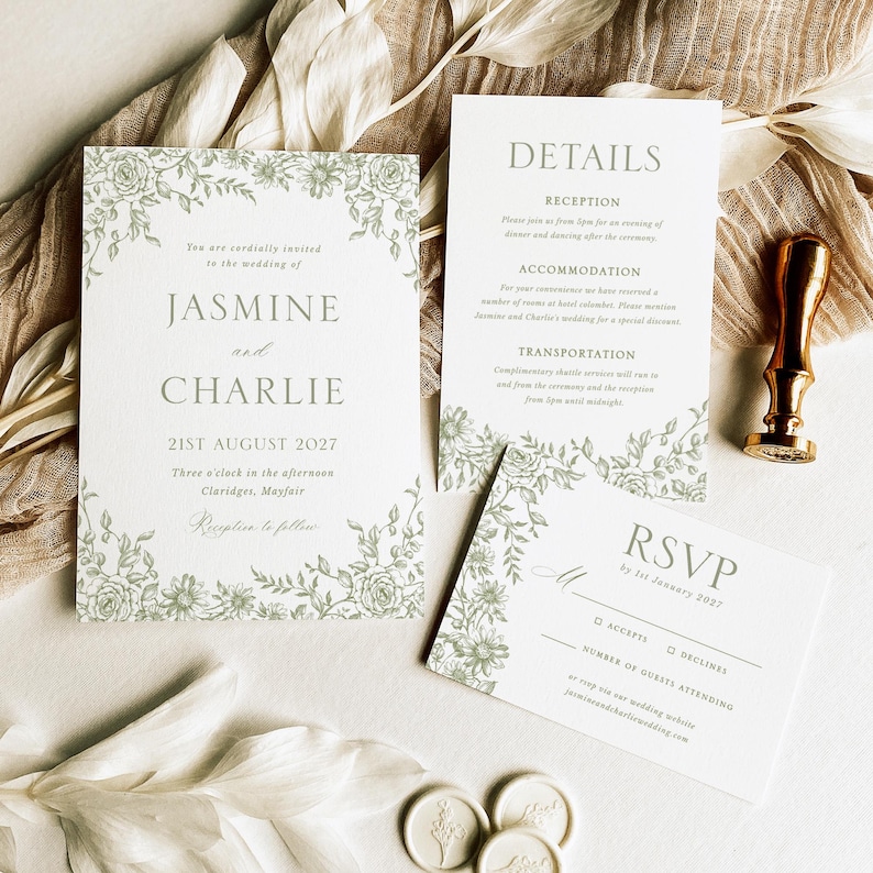 Sage Green Wedding Invitation Suite, Vintage Floral Invite Set, Elegant ...