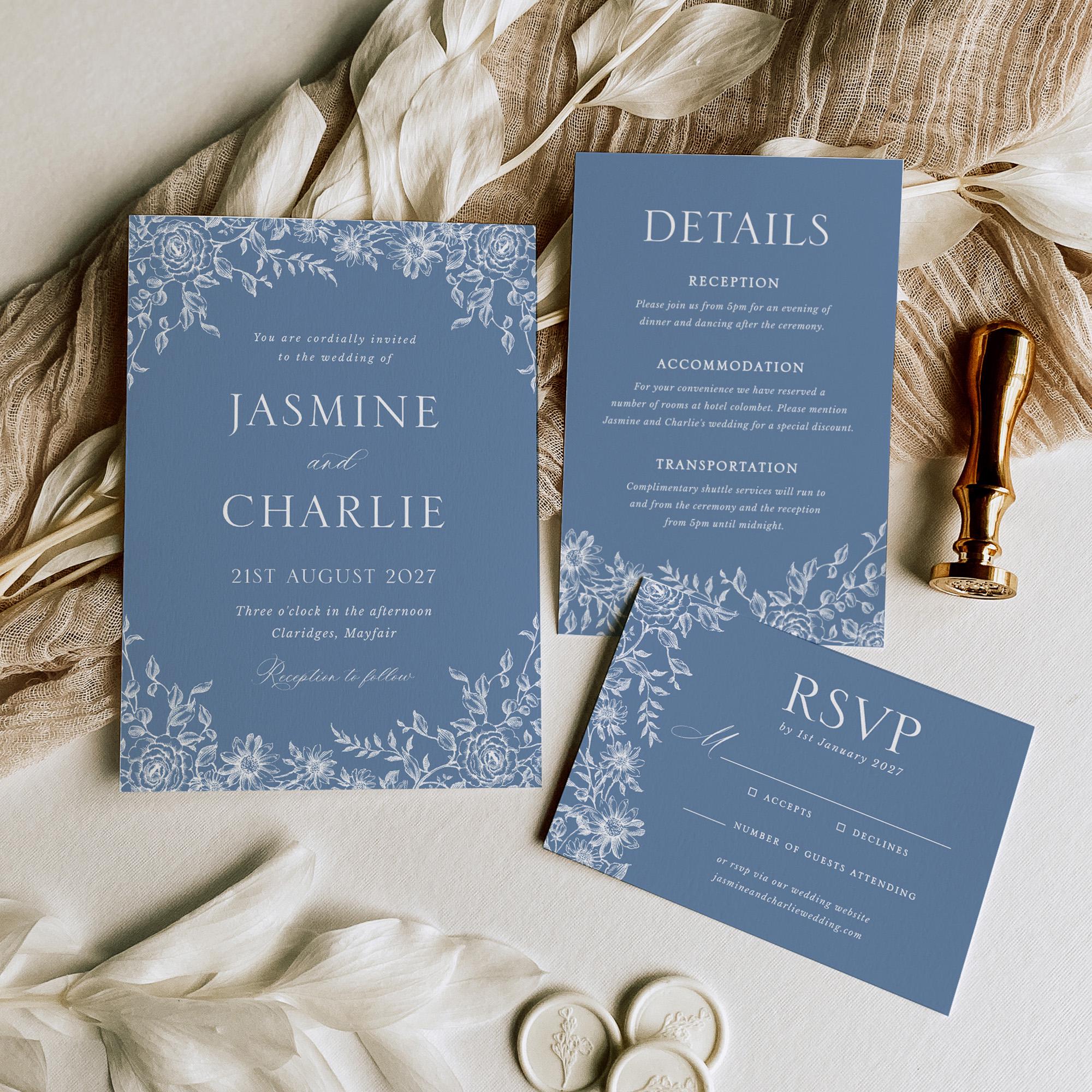 Dusty Blue Floral Wedding Invitation Suite