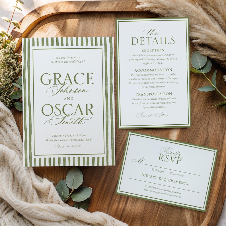 Sage Green Wedding Invitation Suite, Classic Stripe Border Invite Set ...