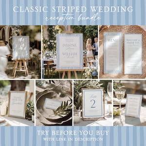 May include: A wedding reception stationery bundle featuring a light blue and white vertical striped border design. The set includes a welcome sign, menu, guestbook sign, place card, table number card, and bar menu, all with matching typography.