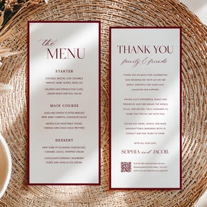 May include: Two wedding menu cards with burgundy borders and text. The left card reads "The Menu" and lists starters, main courses, and desserts. The right card says "Thank You family & friends" with a thank you message and names Sophia and Jacob. A QR code is at the bottom.
