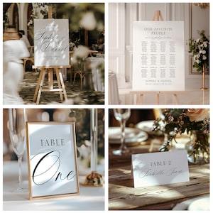 Peut inclure: Un collage de signal&eacute;tique de mariage. Comprend un panneau de bienvenue avec les noms "Sophia & Daniel", un plan de table, un num&eacute;ro de table et un carton de placement. Les panneaux sont sur des chevalets et des tables, avec une calligraphie &eacute;l&eacute;gante.