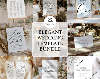 May include: A collection of elegant wedding templates, featuring table numbers, seating charts, and guestbook signs. The templates use calligraphy-style fonts and are mainly white with black text. The bundle includes 22 templates.