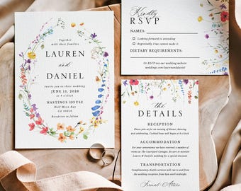 Wildflower Wedding Invitation Template | Editable Boho Floral Invite Set | RSVP with QR Code | Instant Download Printable Wedding Suite