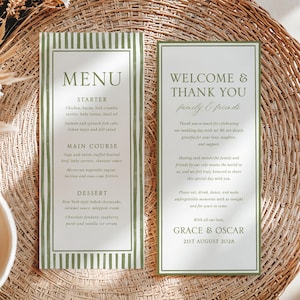 Może przedstawiać: Dwie karty papeterii ślubnej z zielonymi obramowaniami i tekstem. Jedna karta mówi "MENU" z listą potraw. Druga mówi "WELCOME & THANK YOU family & friends" z podziękowaniem i nazwiskami.