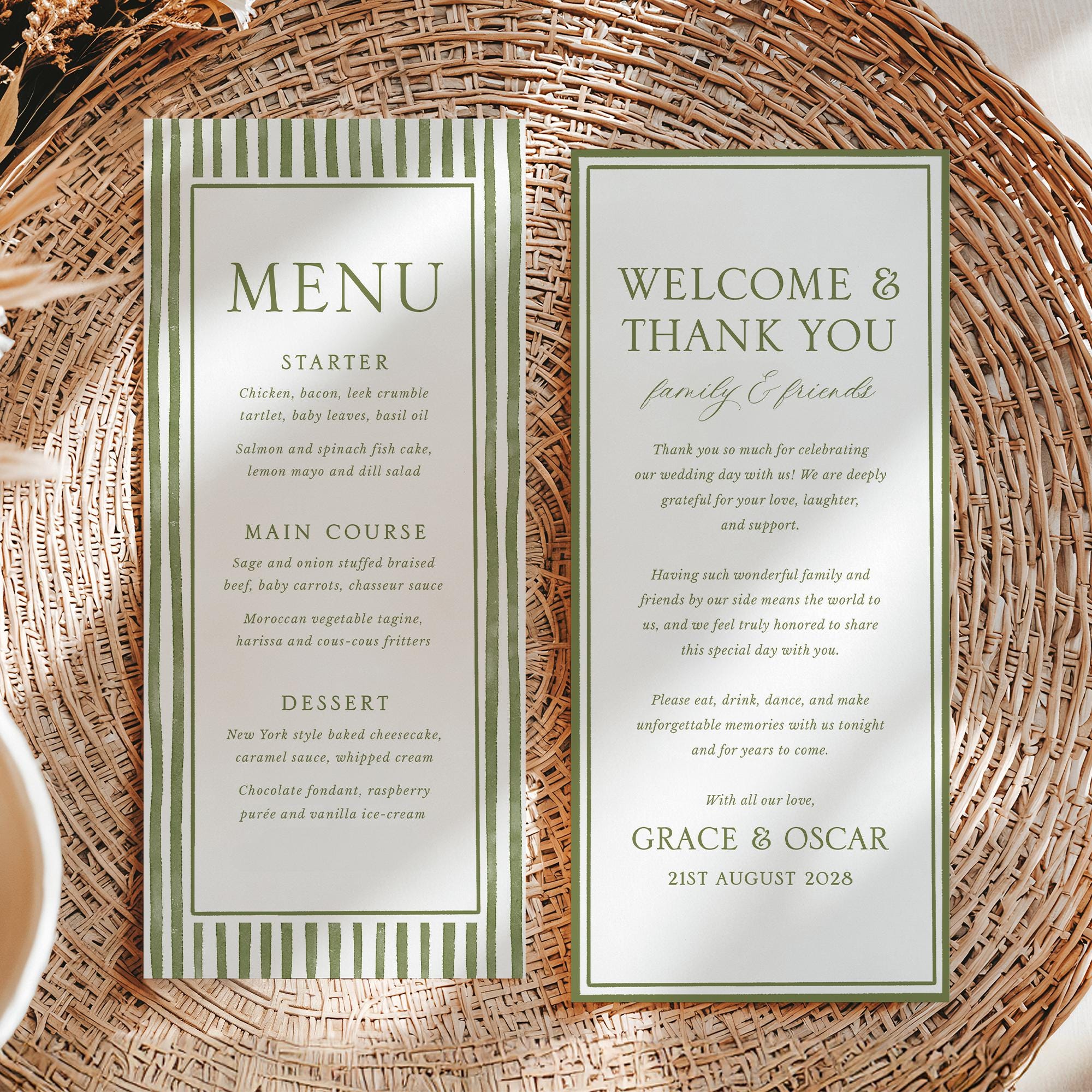Sage Green Stripe Menu and Thank You Note, Editable Classic Border ...