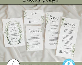 Greenery Wedding Invitation Bundle, Editable Modern Botanical Invite Suite Template, Printable Sage Green Rustic Save The Date and Menu Set
