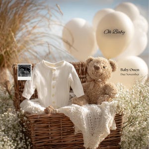 Beach Pregnancy Announcement Template | Summer Baby Reveal | Digital Social Media Reveal | Neutral Baby Announcement Ideas