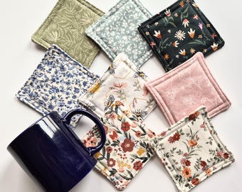 Floral Quilted Cotton Coasters, Individual, 2 Pack, or 4 Pack