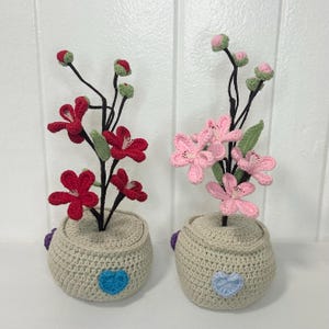 May include: Two crocheted flower arrangements in beige pots with blue hearts. One arrangement has pink flowers and the other has red flowers.
