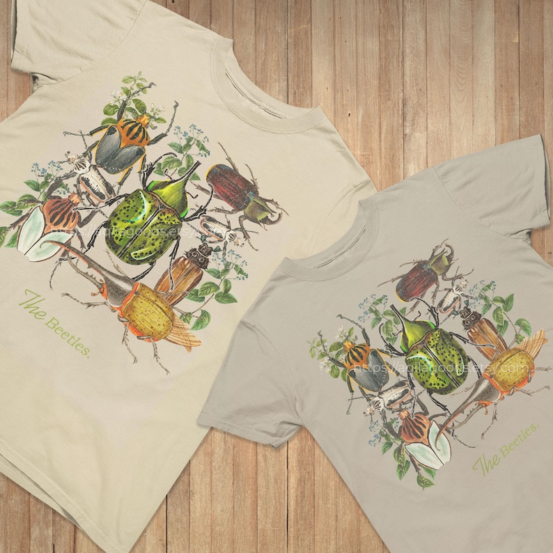 May include: Two beige t-shirts with a colorful insect design. The graphic features various beetles, green leaves, and the text "The Beetles." The insects are in shades of green, brown, orange, and black.