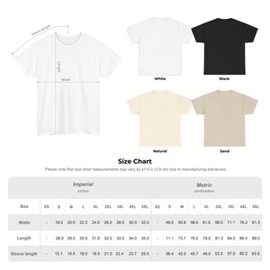 May include: A product image showcasing various t-shirt colors: white, black, natural, and sand. The image includes a size chart with measurements in inches and centimeters, detailing width, length, and sleeve length for different sizes, from XS to 5XL.