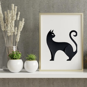 Schwarze Katze Papierschnitt Silhouette – Handgemachte Schattenbox Wandkunst, Elegante Katzen Silhouette Kunst, Modernes Minimalistisches Dekor mit Rahmen