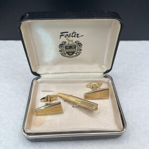 Vintage Foster Gold Tone CuffLinks And Gold Tone Tie Bar Mid Century Modern