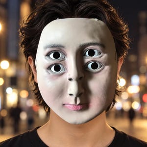 Op de afbeelding: Een bleek, glad gezichtsmasker met vier opvallende ogen gerangschikt in twee horizontale paren. Het masker heeft een neutrale uitdrukking met een kleine, roze mond en een realistische neusstructuur, die het gezicht en het donkere haar bedekt.