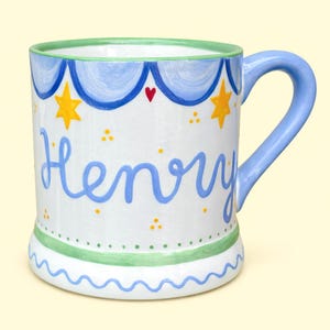 Personalised Children’s Mug with Name & Portrait, Star Pattern, Handpainted Ceramic, Christening Gift, Childrens Birthday Gift Keepsake