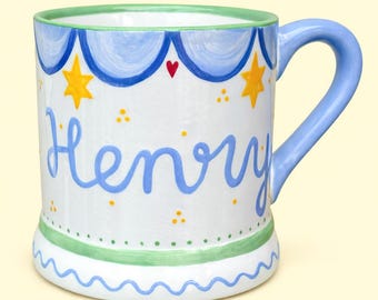 Personalised Children’s Mug with Name & Portrait, Star Pattern, Handpainted Ceramic, Christening Gift, Childrens Birthday Gift Keepsake