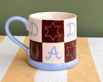 Personalised Father’s Day Mug, Lucky Stars & Horseshoes, Hand-painted Dad Mug, Daddy, Dadda, Papa, Pops, Uncle Keepsake, Cowboy Checkerboard