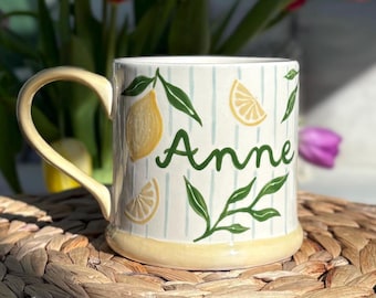 Personalised Lemon Mug with Blue Stripes | Handpainted Ceramic | Spring | Birthday Gift | Fruit Design | Granny, Nana, Mum, Auntie Gift
