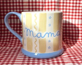 Personalised Stripey Yellow Mug | Mothers Day |  Name | Mama | Mummy | Mum | Nana | Grandma | Auntie | Hand painted Keepsake | Birthday Gift