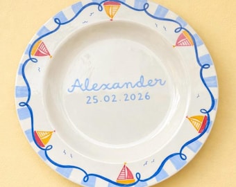Hand painted Boy’s Birthday Plate with Personalised Name & Date, Wall Plate, Nautical Theme Decor, Boats, Ceramic, Christening Gift, Nursery