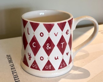 Anniversary Gift - Personalised Mug | Wedding Keepsake | Engagement Gift | Birthday | Initials & Date, Handpainted, Handcrafted Ceramic