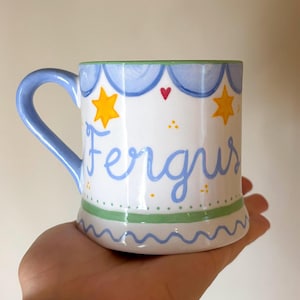 Personalised Children’s Mug with Name & Portrait, Star Pattern, Handpainted Ceramic, Christening Gift, Childrens Birthday Gift Keepsake