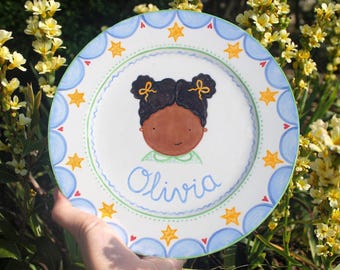 Personalised Children’s Plate with Name and Portrait. Stars. Handpainted Ceramic. Children’s Birthday Gift. Nursery Wall Art.