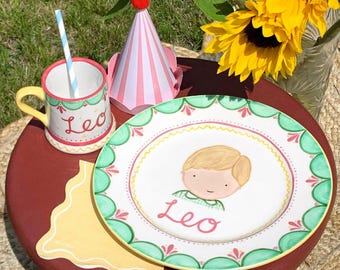 Personalised, Hand-painted Children’s Plate & Mug Set | Bespoke Portrait and Name | Christening Gift | Children’s Gift | Children’s Bedroom