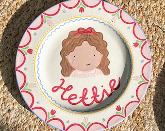 Personalised Little Girl’s Plate with Name & Portrait | Handpainted | Handcrafted | Birthday Keepsake | Nursery Decor | Christening Gift