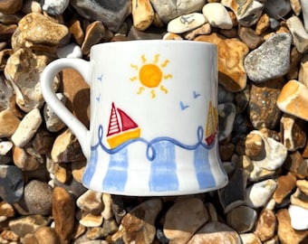 Personalised Children’s Mug with Sailing Boats. Optional Personalisation. Hand-painted ceramic mug. Christening Gift.