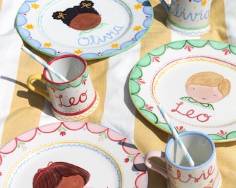 Personalised, Handpainted Children’s Plate & Mug Set in Blue | Bespoke Portrait and Name | Christening Gift | Children’s Gift