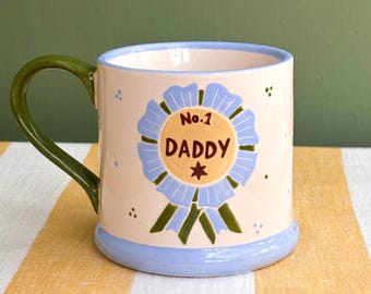 Personalised Dad Rosette Mug, Hand-painted Father’s Day Mug, No. 1 Dad, Daddy, Dadda, Papa, Pops, Grandpa, Uncle, Father’s Day Medal