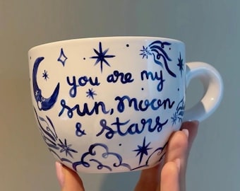 Hand-painted Mug - Stars, Moon & Sun Design | Large Cup | Birthday Gift | Anniversary Keepsake | Coffee Cup | Handcrafted | Unique Art