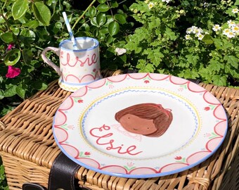 Children’s Ceramic Plate & Cup Set, Hand painted with Portrait and Name | Christening Gift | Children’s Birtgday Gift
