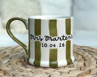 Personalised Wedding Gift, 1x Hand-painted Ceramic Mug with Mr or Mrs, Date, Locket and Initials. Anniversary Gift. Engagement. Keepsake.
