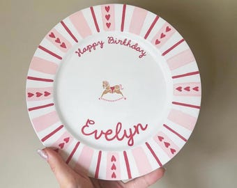 Personalised Birthday Plate with Rocking Horse, Hand-painted Ceramic, First Birthday, Nursery Wall Art, Christening Gift