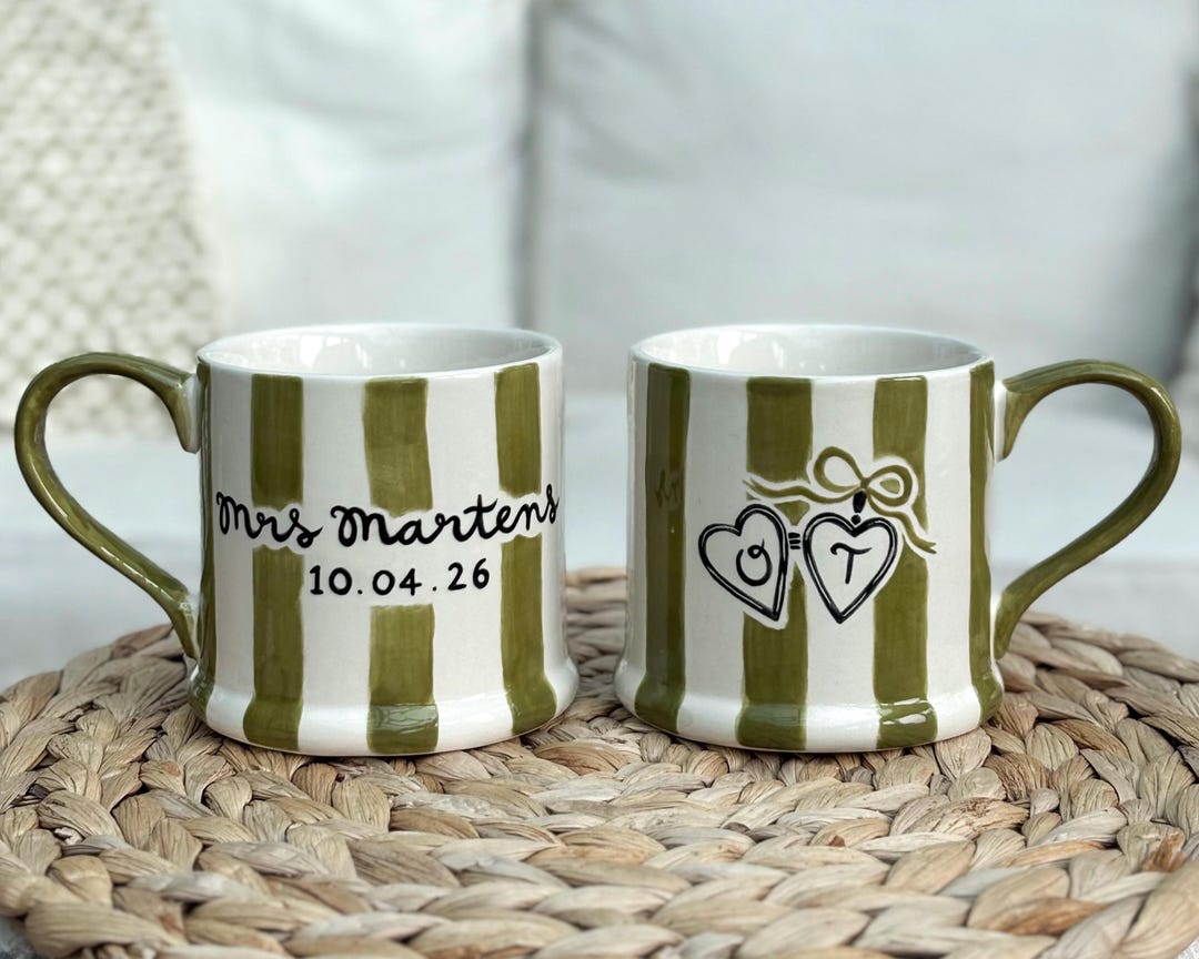 Personalised Wedding Gift, 2x Hand-painted Ceramic Mugs with Mr & Mrs, Date, Locket and Initials. Anniversary Gift. Engagement. Keepsake.