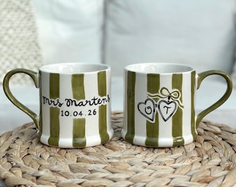 Personalised Wedding Gift, 2x Hand-painted Ceramic Mugs with Mr & Mrs, Date, Locket and Initials. Anniversary Gift. Engagement. Keepsake.