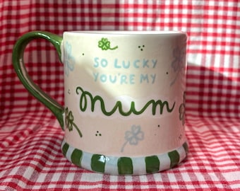 Taza personalizada con trébol de cuatro hojas, taza para el Día de la Madre, con nombre, para aniversario, para novia, novio, mamá, papá, abuela, pintada a mano, para cumpleaños.