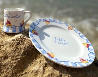 Personalised Children’s Dinner Set with Plate & Mug. Personalise with a name and date. Little Sailor Nautical Tableware.