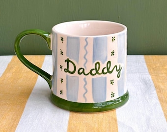 Daddy Mug, Hand-painted Father’s Day Mug, Personalised, Daddy, Dadda, Papa, Pops, Grandpa, Uncle, Keepsake, Four Leaf Clover & Blue Stripes.