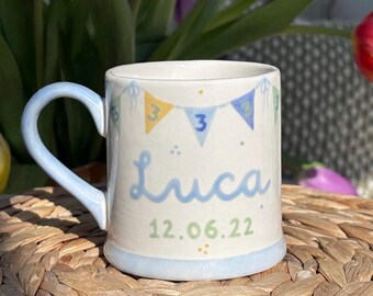 Personalised Children’s Mug with Name & Birth Date on Front, Happy Birthday Message on back. Hand-painted Mug. First Birthday Gift.